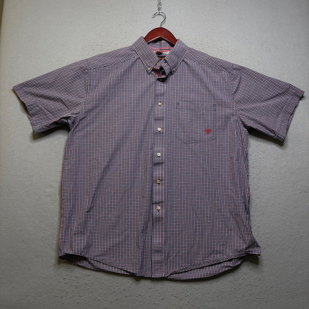 Ariat Pro Series Shirt Mens XL Blue Red Plaid Short Sleeve Western Button Down